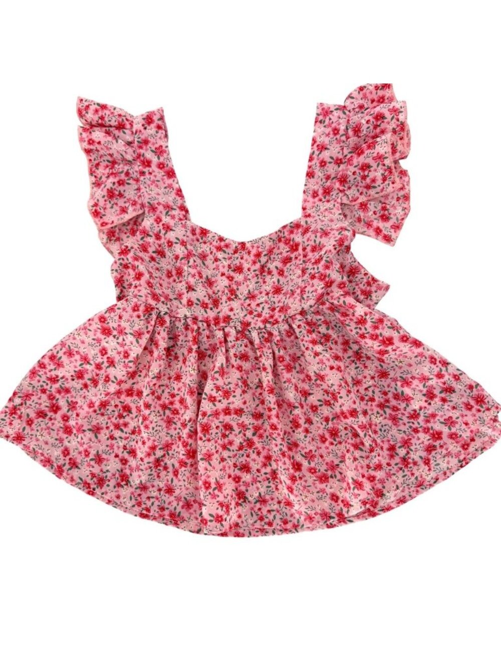 Pink Floral Ruffle Sleeve Babydoll Peplum Top Square Neck Summer Teen‎